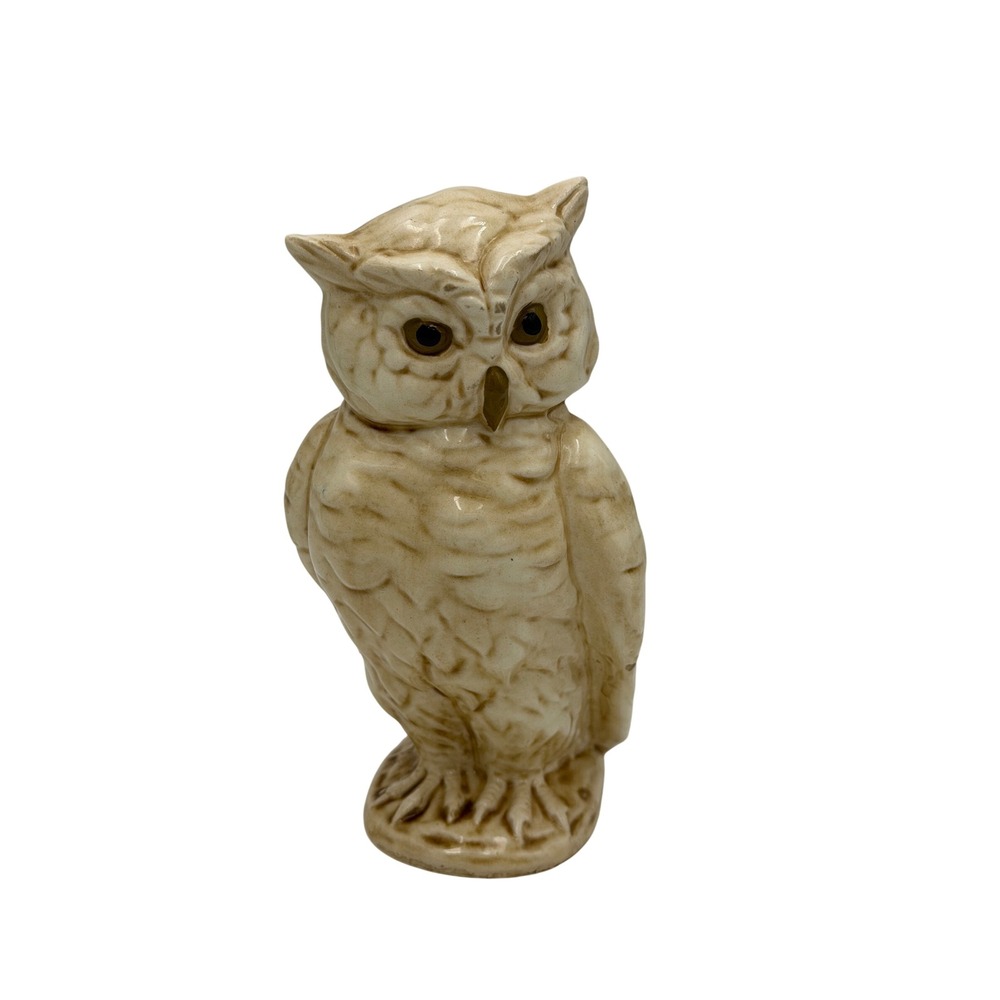Vtg MCM Ceramic Horned Owl Figurine Cream Brown‎ Glaze Home Decor Accent 7" Core
